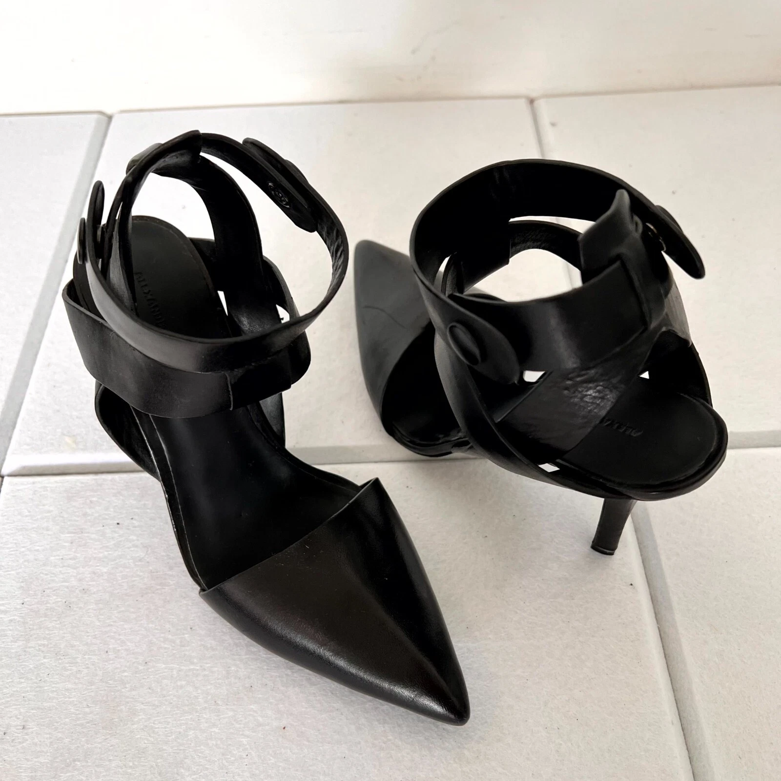 Decolte donna Alexander Wang Sonja taglia 7 pelle nera cinturino alla caviglia tacco a spillo