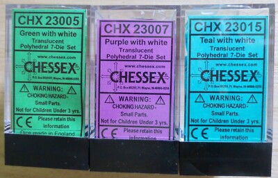 Chessex 23005 Green, 23007 Purple, 23015 Teal Translucent Polyhedral 7-Die Set