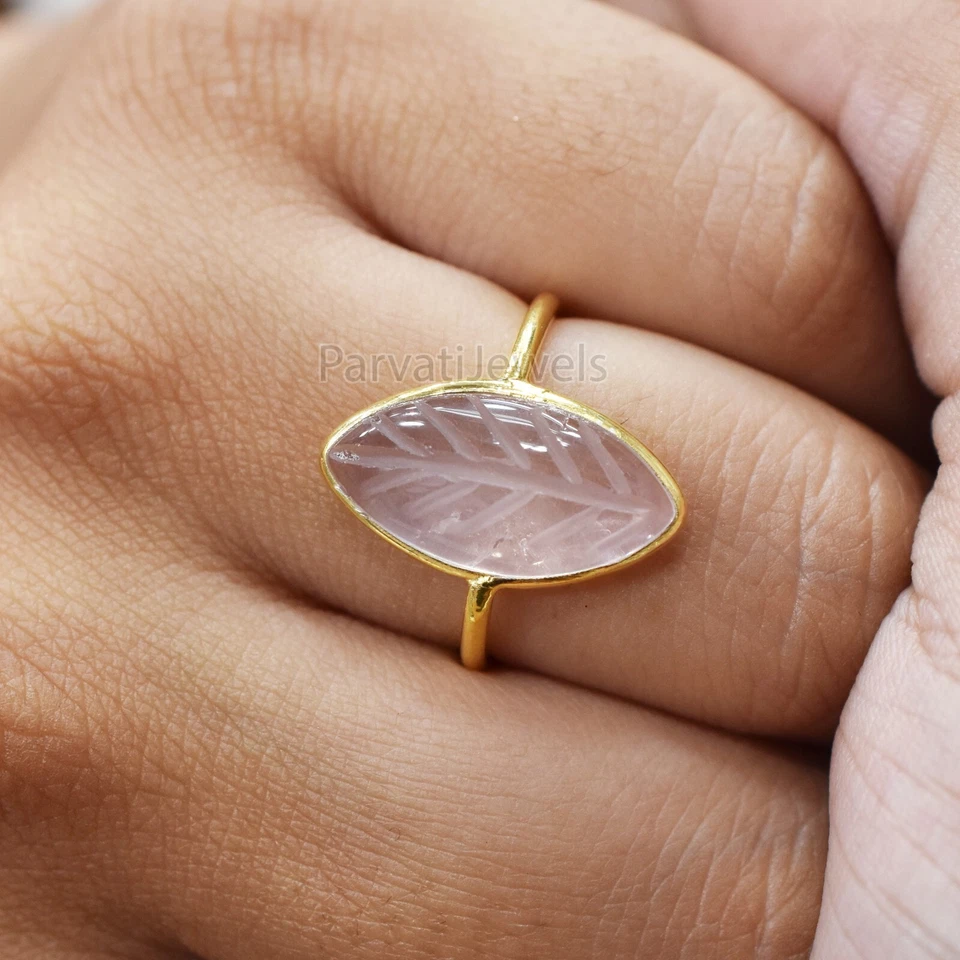 Anillo tallado cuarzo rosa natural oro macizo 14K y 18K regalo para ropa de fiesta mujer Foto 4 de 4