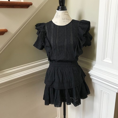 LoveShackFancy Natasha Mini Abito Donna XS Nero Cotone Increspato Manica Corta - Foto 2 di 11
