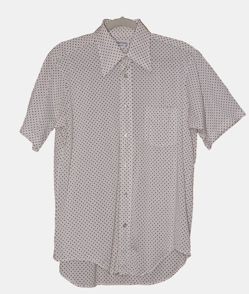 Vintage Hardy Amies London White/Brown Polka Dot Nylon Short Slv Shirt 16  1/2 - Main Image