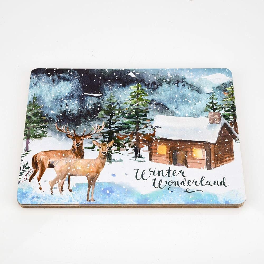 Placemats  Deer and Hut Scene Christmas Winter Wonderland  - Set of 4   XM9323