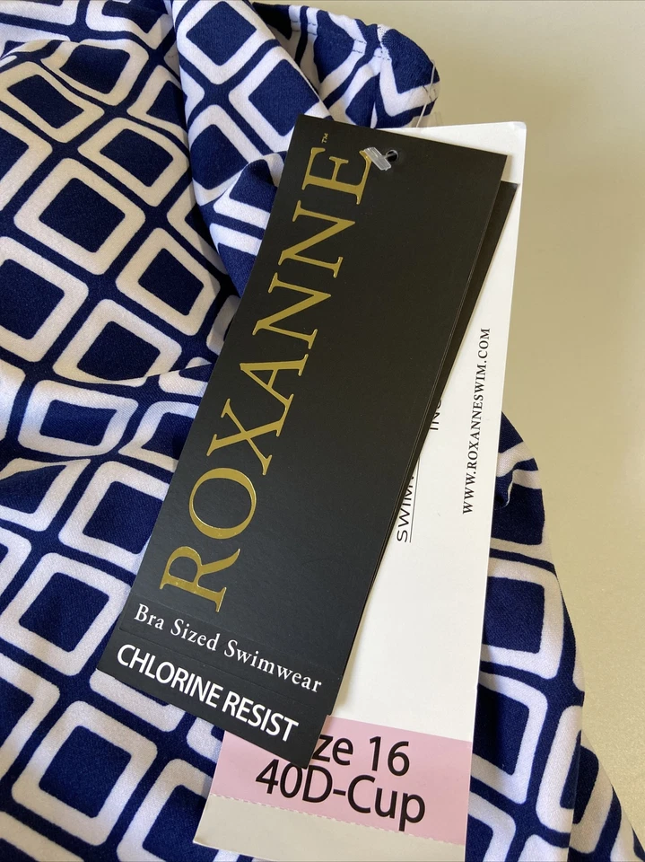 Купальник женский Roxanne размер 16 темно-синий белый 40D-чашка новый с Ярлыками с подкладкой подушечки квадратный вырез - Изображение 4 из 4