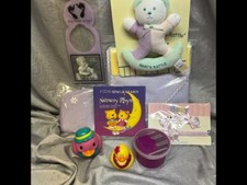 BELOW WHOLESALE LOT OF 9 NEW LAVENDER BABY ITEMS - GANZ RATTLE, CD, RUBBER DUCKS