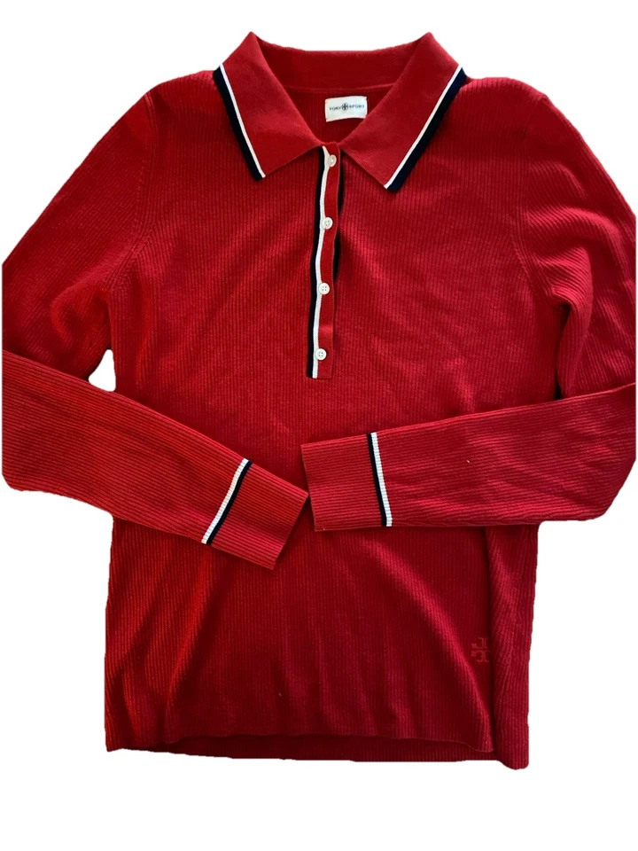 TORY BURCH SPORT, Women’s Merino Wool, Polo Red Ribbed Sweater, Sz L. - Image 2 of 4