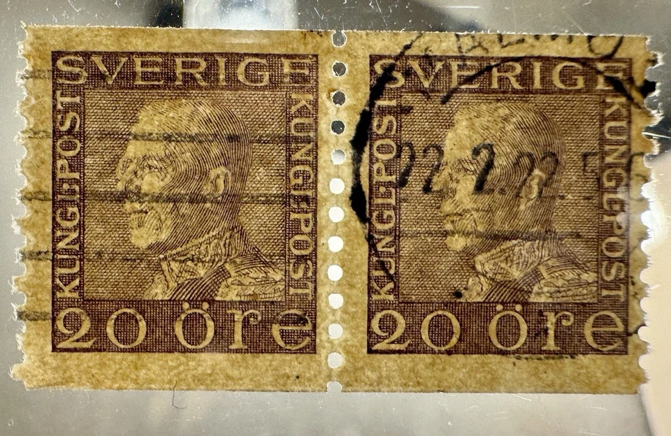 Sweden 1919 20ö Violet Pair Laid Paper Gustav V Rare ! Early Printing - Image 2 of 4