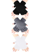  3 Pairs Half Finger Gloves Winter Fingerless Knit Gloves for Men Gray,white