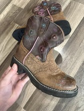 Justin Girls Western Cowboy Boots Brown Pink LED Heart Embroidery Pull-On US 2D