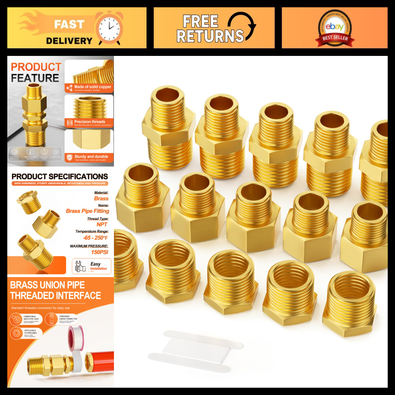 15PCS Brass Pipe Fittings Set, Hex Bushing Reducer Adapter, 3/8" to 1/4" NPT