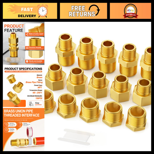 15PCS Brass Pipe Fittings Set, Hex Bushing Reducer Adapter, 3/8" to 1/4" NPT