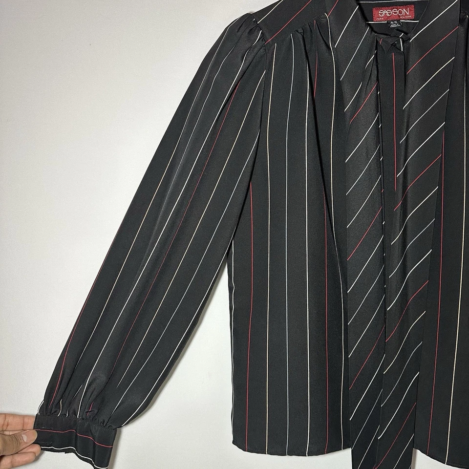 Sasson 2 pc Blouse Skirt Set Black Striped Vintage Size 4/5 Made in Hong Kong - Image 4 of 4