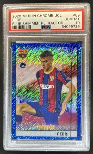 2020-21 Topps Merlin Chrome UEFA Pedri RC Blue Shimmer #/75 Barcelona PSA 10