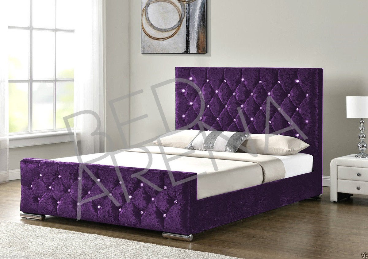 PURPLE CRUSHED VELVET UPHOLSTERED CHESTERFIELD BED MATTRESS BUTTON CHOICE