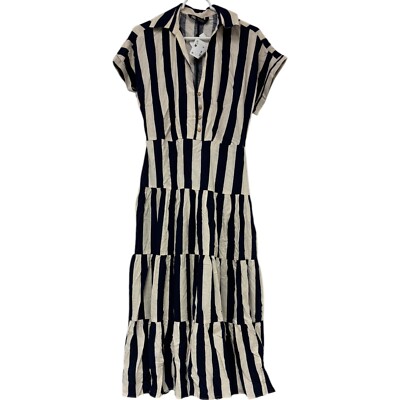 Zara Womens Shirt Dress Size S Navy Blue White Striped Midi Linen 3077/767  NWT