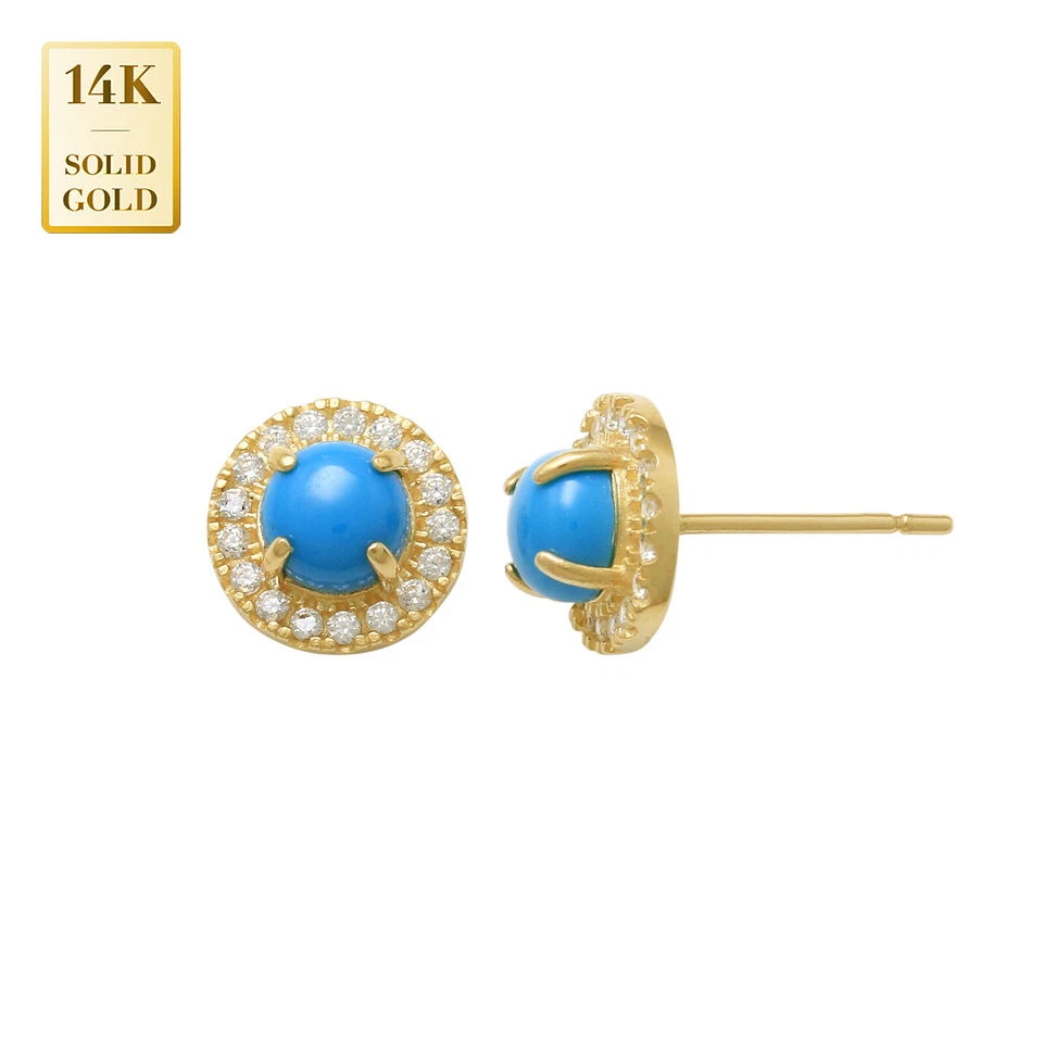 14K REAL Solid Gold Cubic Zirconia Turquoise Stud Earrings Lobe Daily Minimal - Image 2 of 2