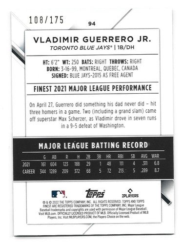 Vladimir Guerrero Jr - 2022 Topps Finest #94 Aqua Shimmer Refractor /175 - TOR - Picture 2 of 2