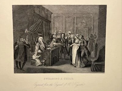 Swearing a Child Satire Humor 1860 William Hogarth Antik Stahlstich Engraving - Bild 1 von 4
