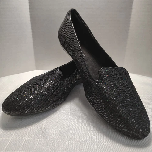It's OK shoes Womens size 13M Black flat loafer Sparkle Slip-on Flexible outsole