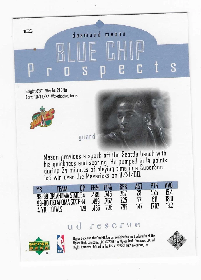 2000 Upper Deck Blue Chip Prospects Desmond Mason Seattle Supersonics #106 RC - Image 2 of 2