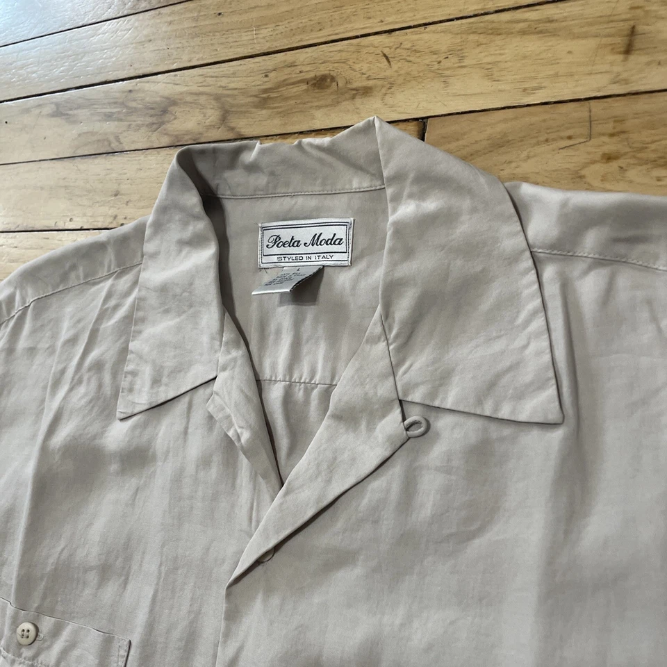 Poeta Moda Italian Silk Shirt Men L Tan Relaxed Loop Button Up Preppy Western L - Image 4 of 4