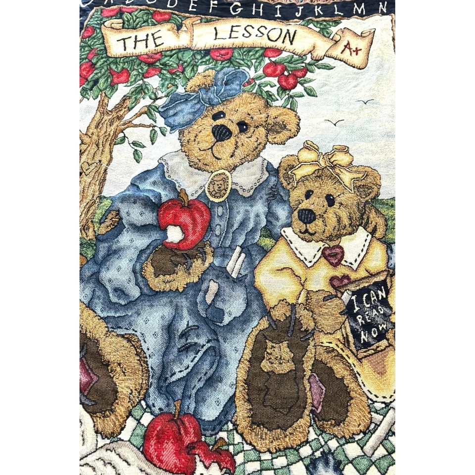 COBERTOR DE TAPEÇARIA VINTAGE BOYD'S BEARS LANCE PROFESSOR ESCOLA ABCs 48" X 64" Fabricado nos EUA - Imagem 2 de 4