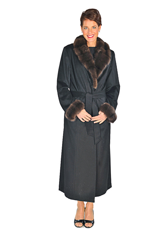Womens Plus Size Cashmere Coat with Sable Fur Collar & Cuffs Black