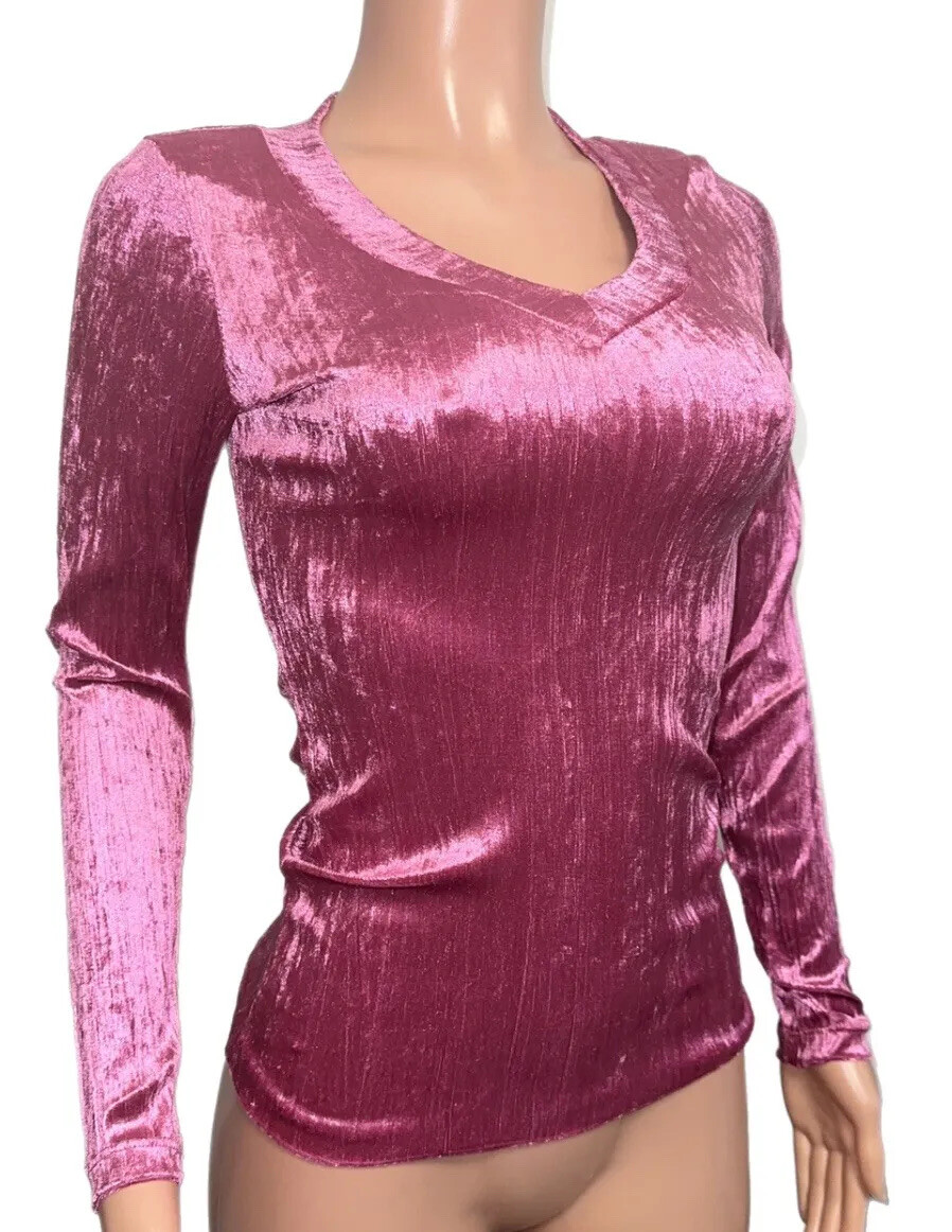 Y2K Barbie Pink Velvet V-neck L/s Plush T-shirt Top Blouse Glam Party  Barbiecore
