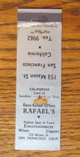 CROWN MATCH MATCHBOOK COVER: RAFAEL'S BAR SAN FRANCISCO CA 1933-42 MATCHCOVER C6