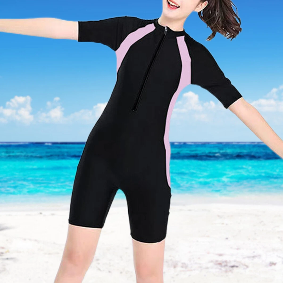 Girls Boys Swimsuit Short Sleeve Diving Suit One Piece Swimming Costume for  7-17