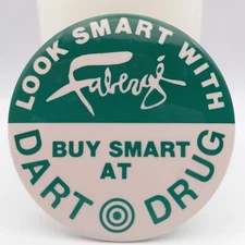 Vintage Faberge Dart Drug Store Pinback Button Jewelry Egg Retail Advertising