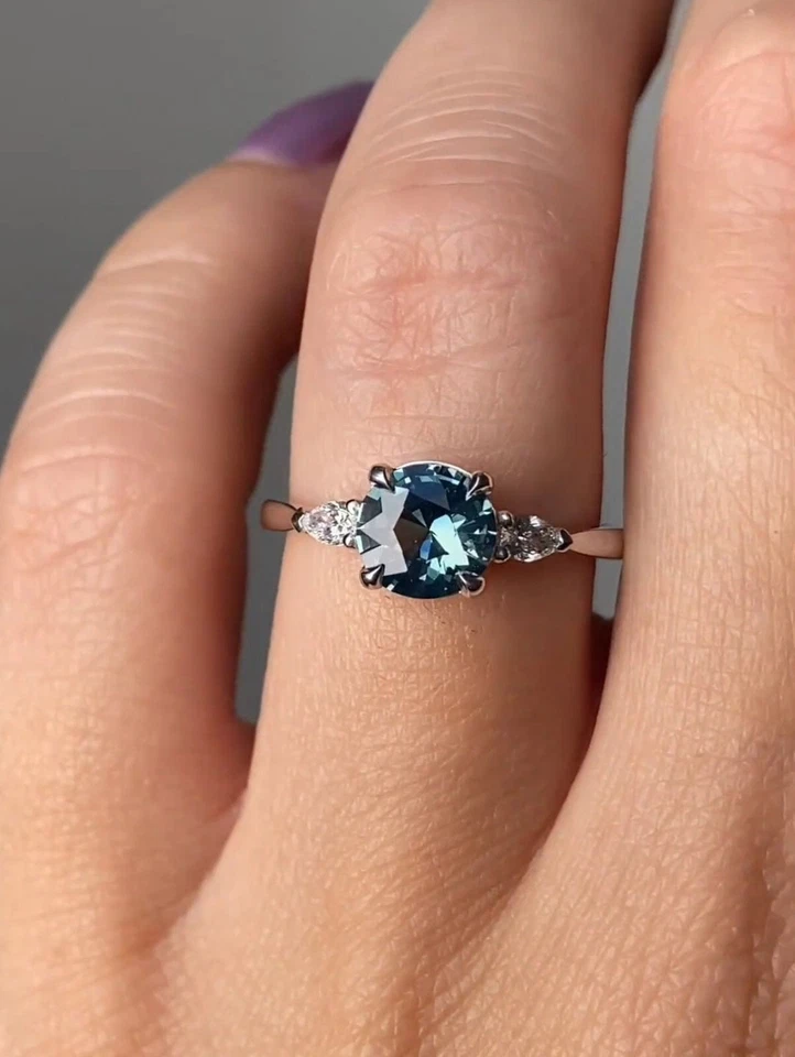 Anillo zafiro montana verde azulado vintage anillo zafiro verde azulado corte redondo anillo verde azulado Foto 2 de 4