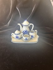 Vintage Small 5 Piece Miniature Tea Set with Tray Blue Pattern