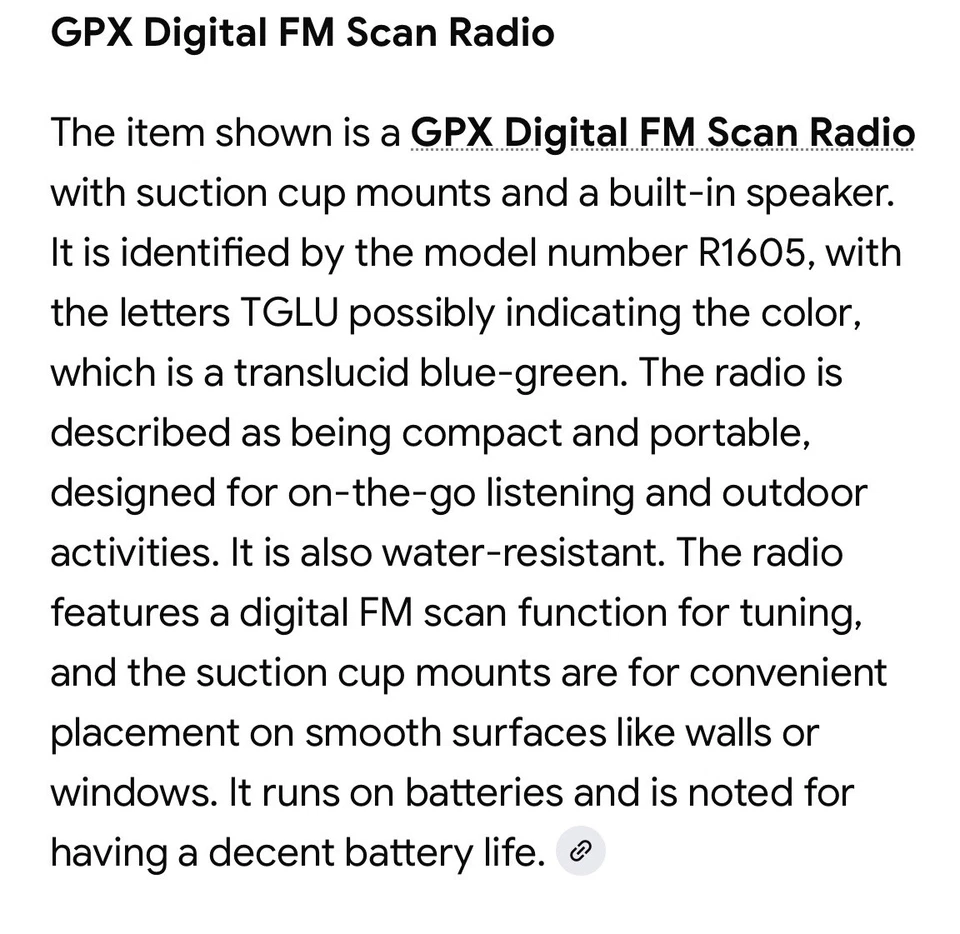 GPX Digital FM Scan Radio R1605TBLU Built-In Speaker w/Suction Cup Mounts NEW!! - Image 4 of 4