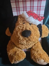 Hug Fun Brown Puppy Plush Stuffed Animal 21-inch Laying Down Christmas Hat Dog