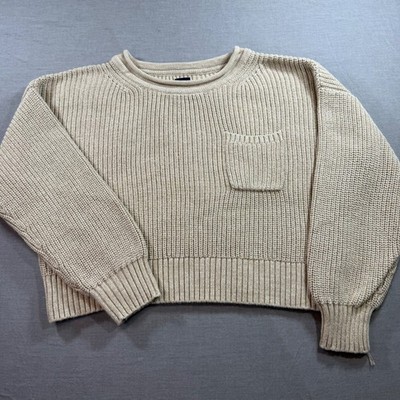 GAP Sweater Womens Small Tan Excellent Shaker Stitch Cotton Pocket Cropped Knit