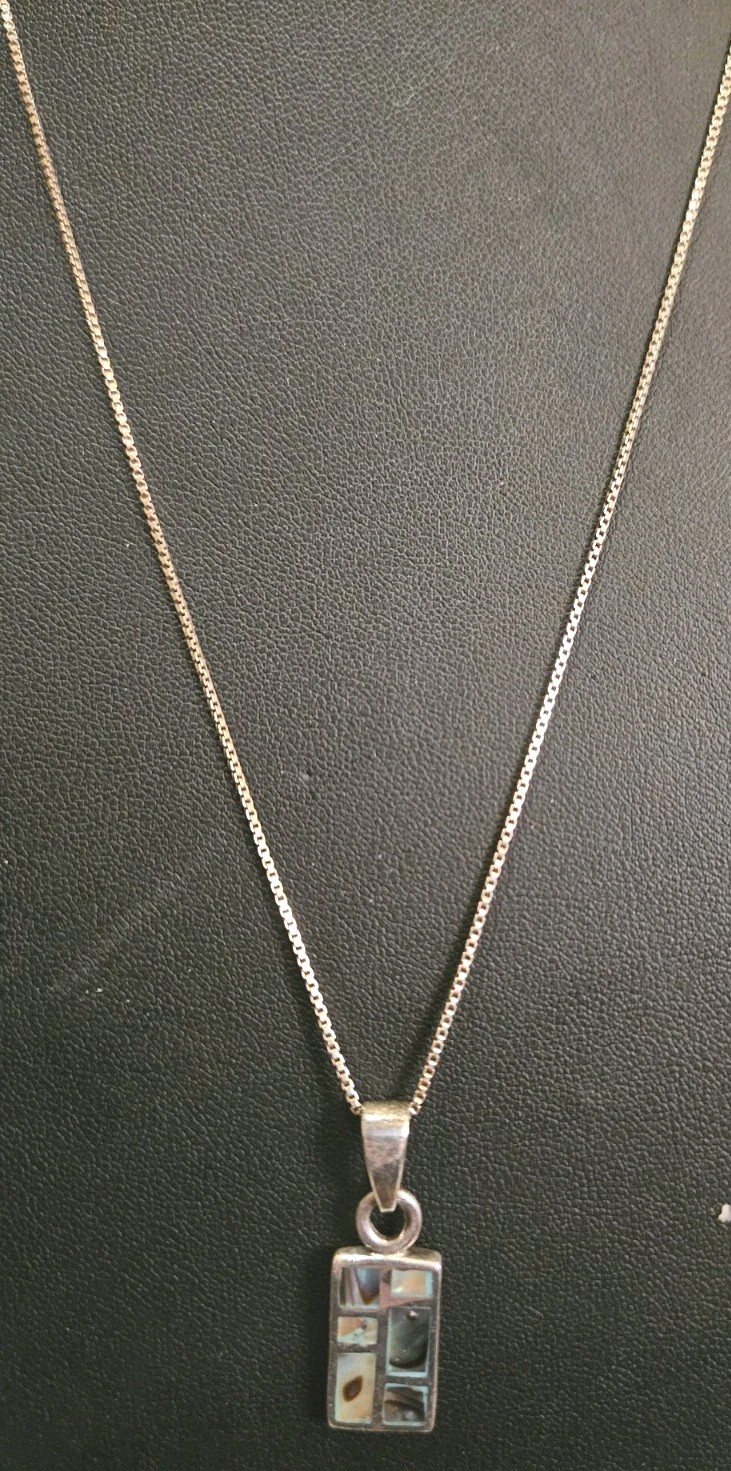 Sterling Silver 925 Box Chain Rectangular Inlaid … - image 1