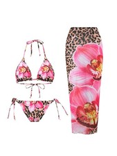 Women's 3 Piece Cheetah Floral Swimsuit Halter Triangle String Bikini Set wit...