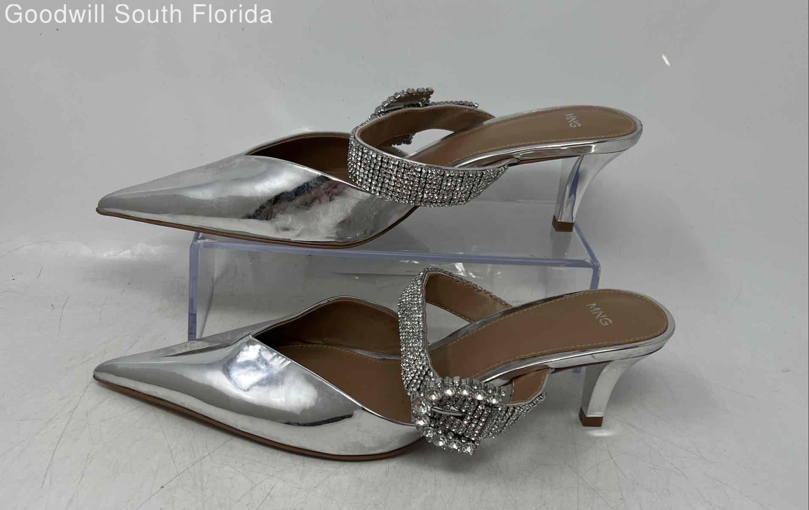 Mango MNG Womens Silver Leather Rhinestone Pointed Toe Mule Heels Size 38