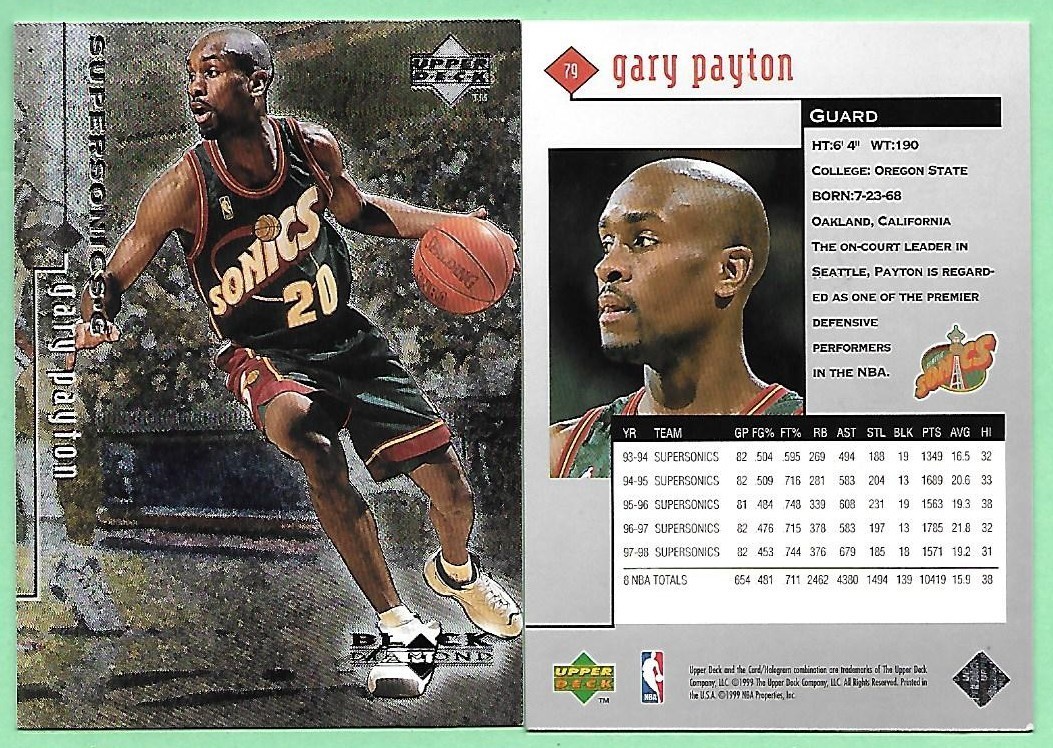 Gary Payton #79 Basketball Cards 1998 Upper Deck Black Diamond trading card — raw and PSA graded price guide