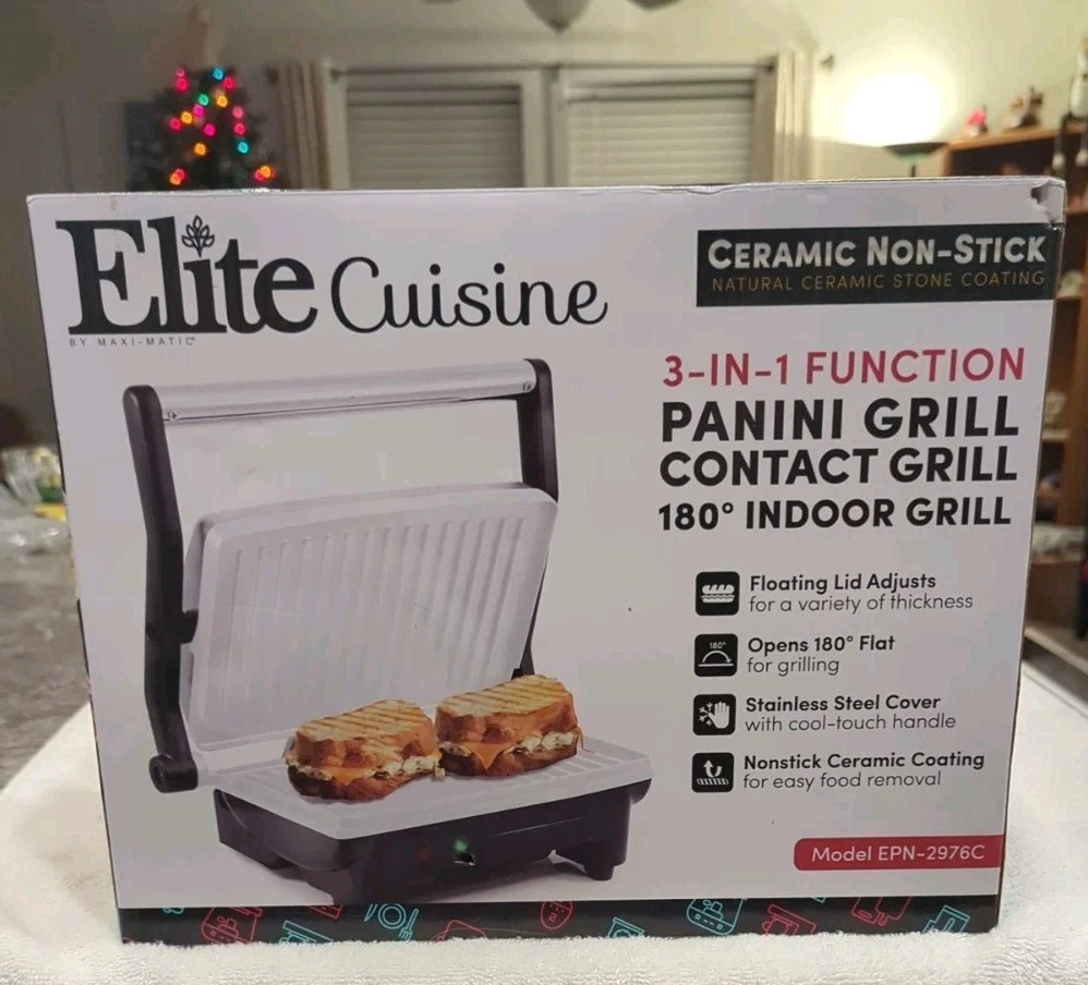 Elite Cuisine Non-Stick Electric Indoor Flat Grill And Panini Press New Open Box