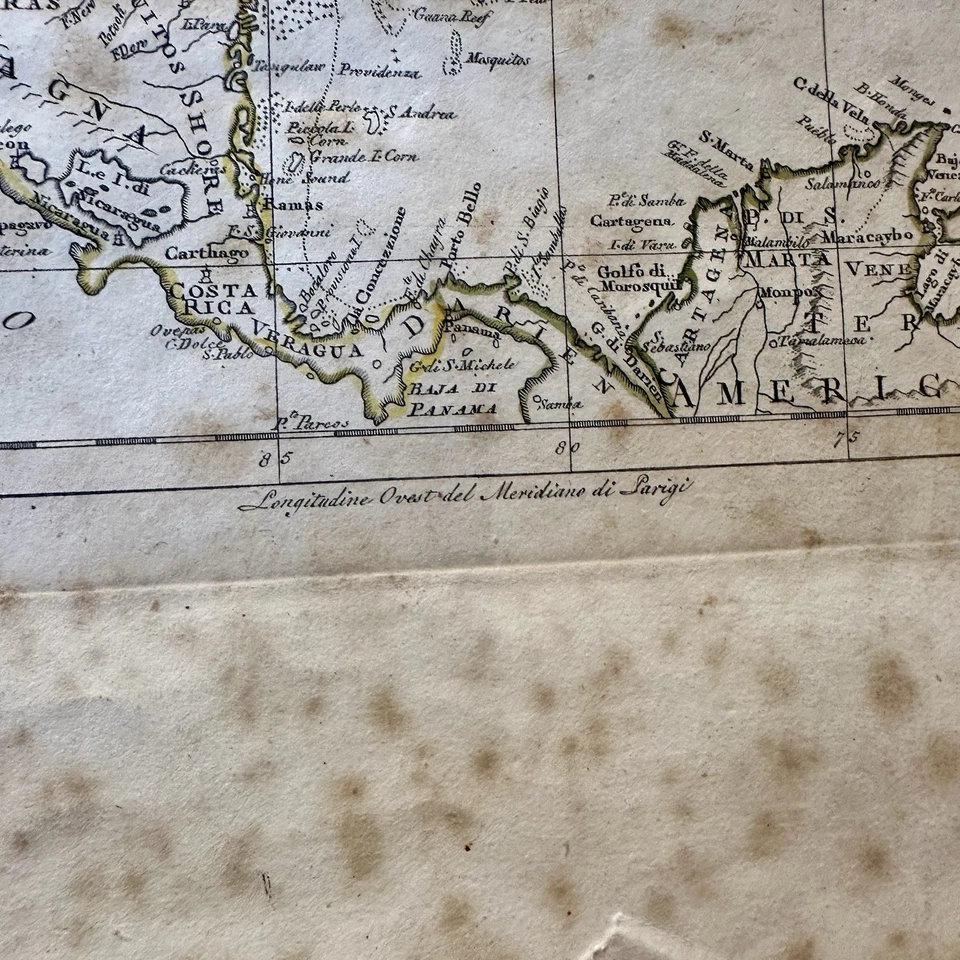 Antiguo mapa italiano de las Indias Occidentales del Caribe original del siglo XVIII Foto 2 de 4