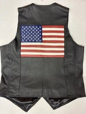 Vintage Work Wear Leather Motorcycle Vest With Flag On The Back