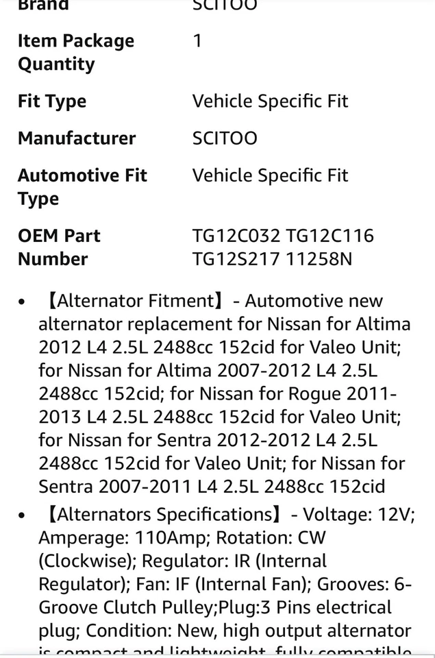 Alternador 11258N Nissan para Altima 2007-12 Sentra 2007-12 Rogue 2011-13 2,5 L Foto 2 de 4