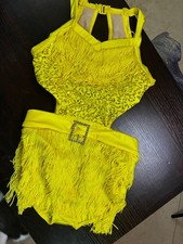 Yellow Fringe Sequin Two-Piece Dance Costume with Rhinestone Buckle Belt