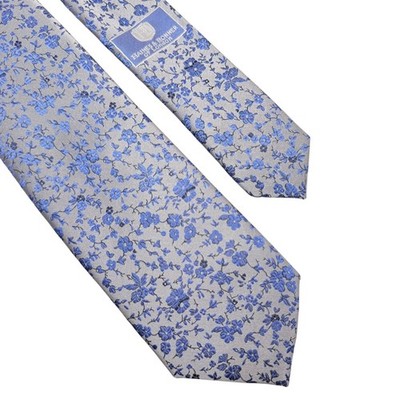 HAINES & BONNER Silk Tie Silver Gray Navy Blue Floral Designer Men's Necktie