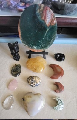 Ocean Jasper 4 Inch Disc Golden Healer & OJ Heart Obsidian Cats Moons Cabachons