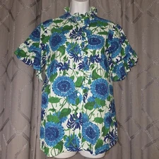 Mille Resort & Travel Blue Green White Floral Button Down Shirt M