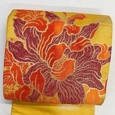 Kimono Silver Thread Peony Chrysanthemum Leaf Pattern Haze Yellow 122T Japan