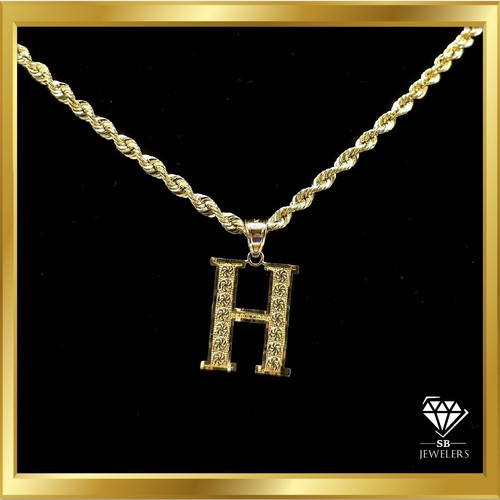 Real 10K Yellow Gold Diamond Cut Letter Initial "H" Alphabet Pendant 1.1g Charm - Picture 8 of 8