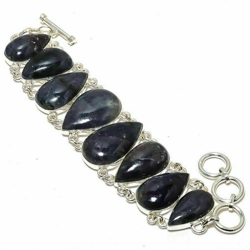 Bracelet Ethnique En Iolite - Pierre Ovale Bleue - Plaque Argentée - Fait Main En Inde